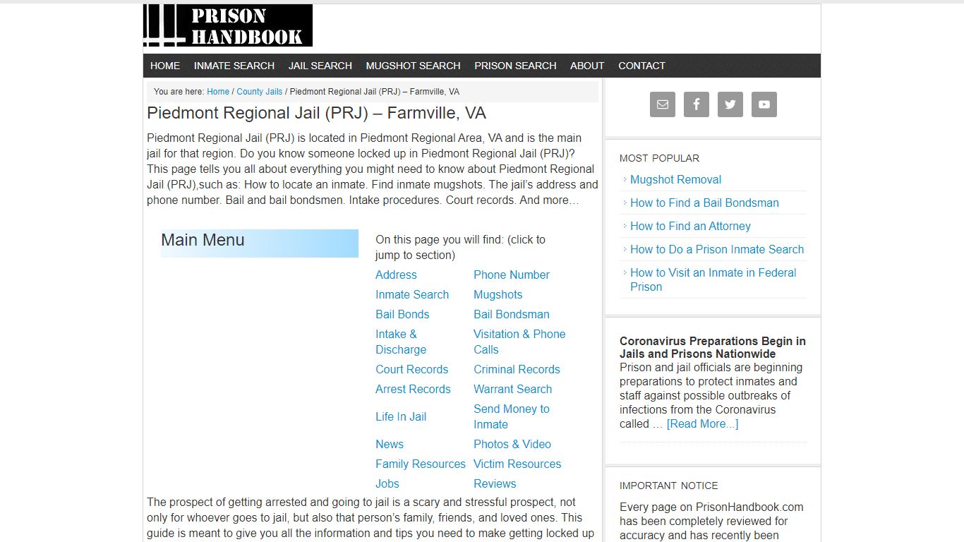 Piedmont Regional Jail (PRJ) – Farmville, VA - Prison Handbook